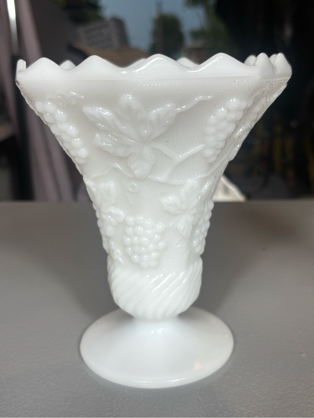White Milk Glass Footed Vase Grape Leaf Scalloped Rim Decorative Compote